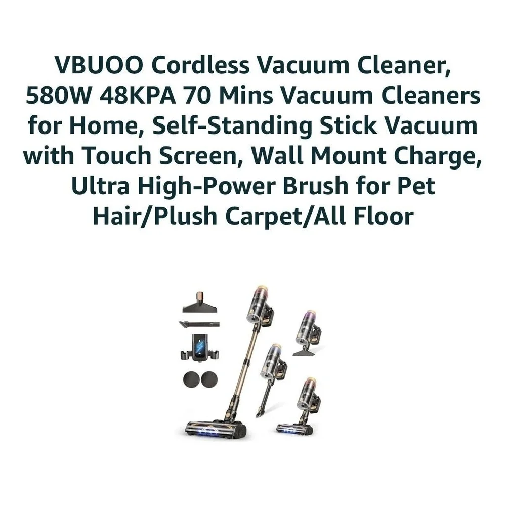 VBUOO TV105S Cordless Stick Vacuum Cleaner 580W 48KPa Black 70Min HEPA Pet Hair